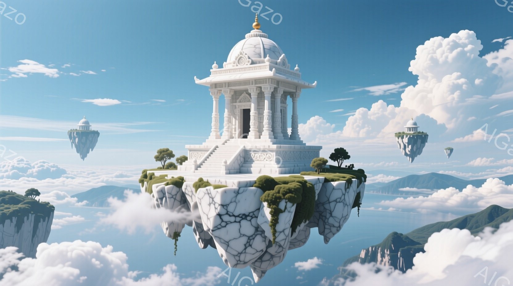 白亜の建造物が雲の上に浮かぶ幻想的な光景が広がっている。建物は精巧な彫刻が施された寺院のような外観で、周囲には緑豊かな植生が点在し、まるで天空の楽園のようだ。雲海からそびえ立つ山々が背景に広がり、青空と白い雲が穏やかな雰囲気を醸し出している。