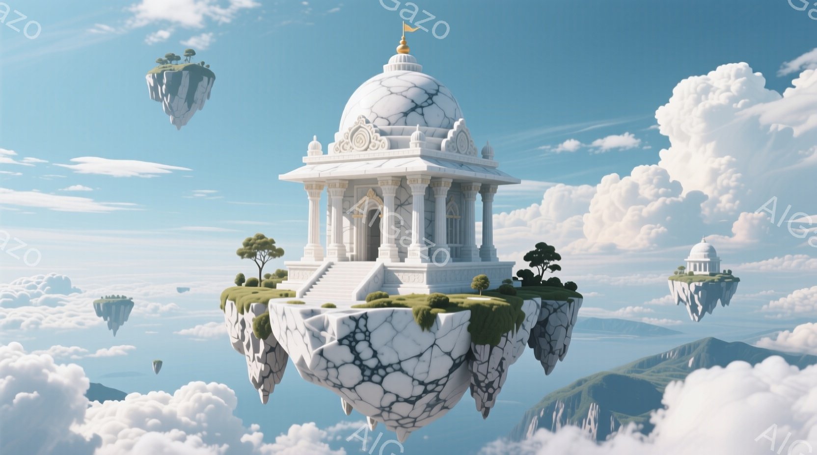 白い大理石でできた壮麗な寺院が、緑豊かな浮遊島の上にそびえ立っている。寺院は複雑な彫刻で飾られ、澄んだ青空と白い雲に囲まれている。遠くには、同様の浮遊島と山々が見え、神秘的で平和な雰囲気を醸し出している。