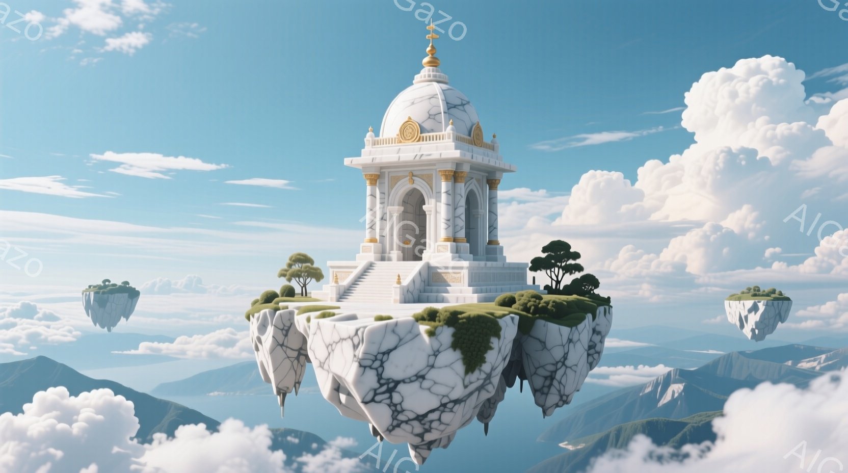 空中に浮かぶ白い石造りの塔が印象的な光景です。塔は緑豊かな小さな島の上に建てられており、周囲には他の浮遊島や山々が見えます。青空と白い雲が背景に広がり、幻想的で平和な雰囲気を醸し出しています。
