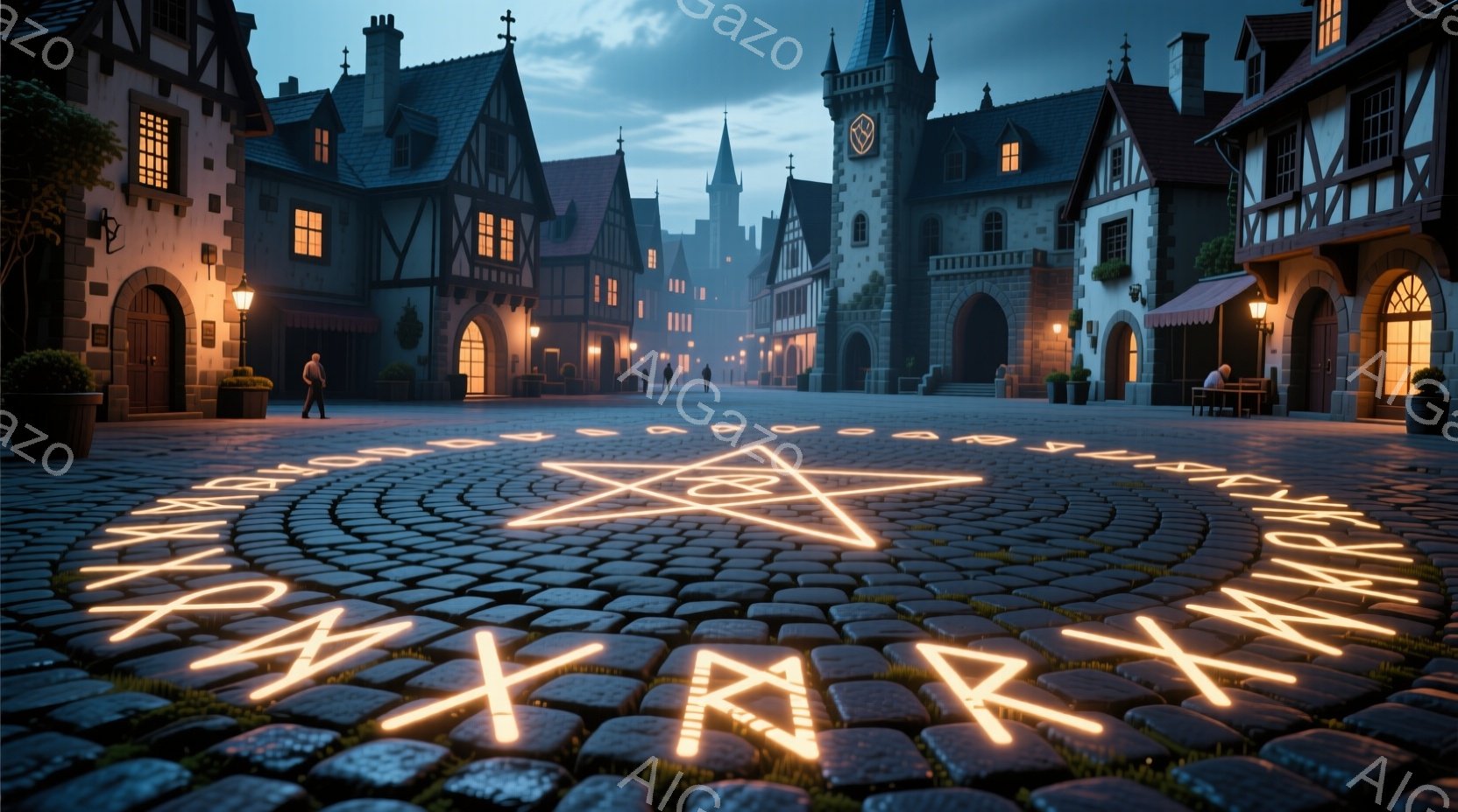 石畳の広場に光るルーン文字で構成された円が描かれており、その中央には星形が浮かび上がっています。中世ヨーロッパ風の建物が背景に並び、夕暮れ時の薄暗い光が街全体を包み込んでおり、どこか神秘的な雰囲気を醸し出しています。数人の人々が遠くに見えますが、表情や服装は詳細には判別できません。