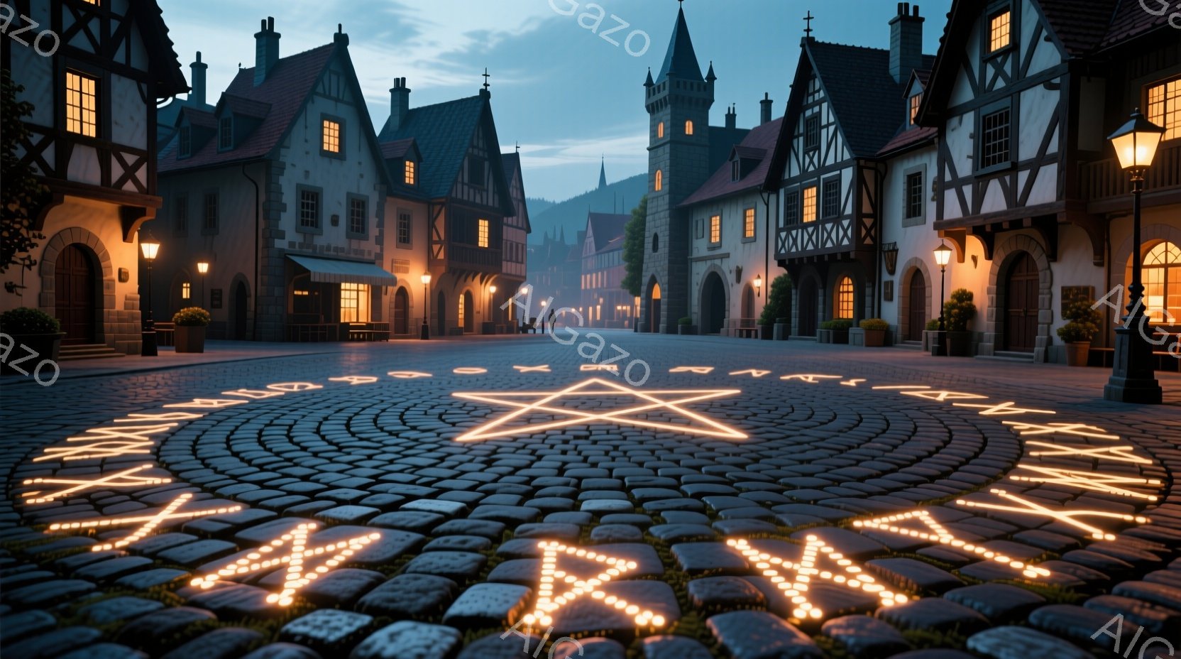石畳の広場に、光る線で描かれた大きな星形が広がっている。背景には、尖塔を持つ歴史的な建物が並び、夕暮れ時の空と影が広がり、中世ヨーロッパの趣を感じさせる。遠くには山々が見え、全体的に神秘的で静寂な雰囲気を醸し出している。