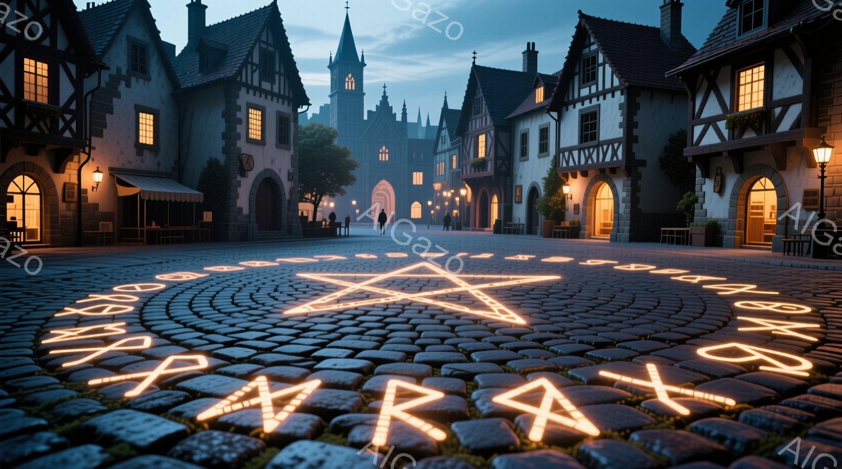 石畳の広場に赤いルーン文字で描かれた大きな五芒星が広がっており、中世ヨーロッパ風の建物が周囲を取り囲んでいます。建物は木造で、尖塔や装飾的な窓が特徴的で、曇天の下、静寂な雰囲気が漂っています。遠くには数人の人物がぼんやりと見えますが、彼らの表情や服装は詳細には分かりません。
