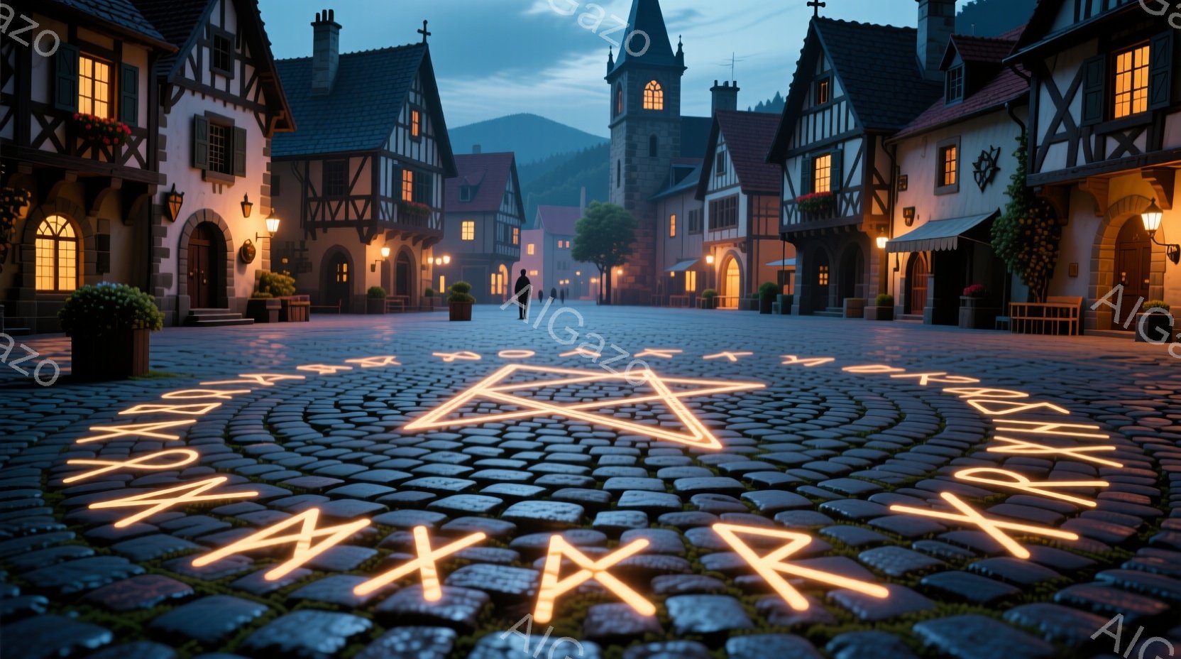 石畳の広場に、ルーン文字のようなものが光って描かれた円があり、その中心には大きな星形が描かれています。背景には、木組みの家々が立ち並び、遠くには山々が見え、夕暮れ時の静かで少し不穏な雰囲気が漂っています。一人の人物が広場の奥へと歩いており、その姿はシルエット状で表情などは分かりません。