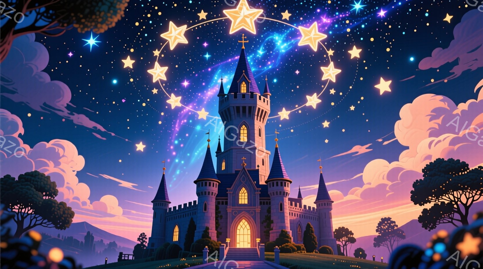 夜空を背景に、壮大な城がライトアップされています。ピンクと紫が混ざり合った空には星が輝き、城の周りには幻想的な光の輪が広がっています。城は白とグレーの石造りで、尖塔が空高く伸び、その姿はまるで絵本から飛び出してきたようです。