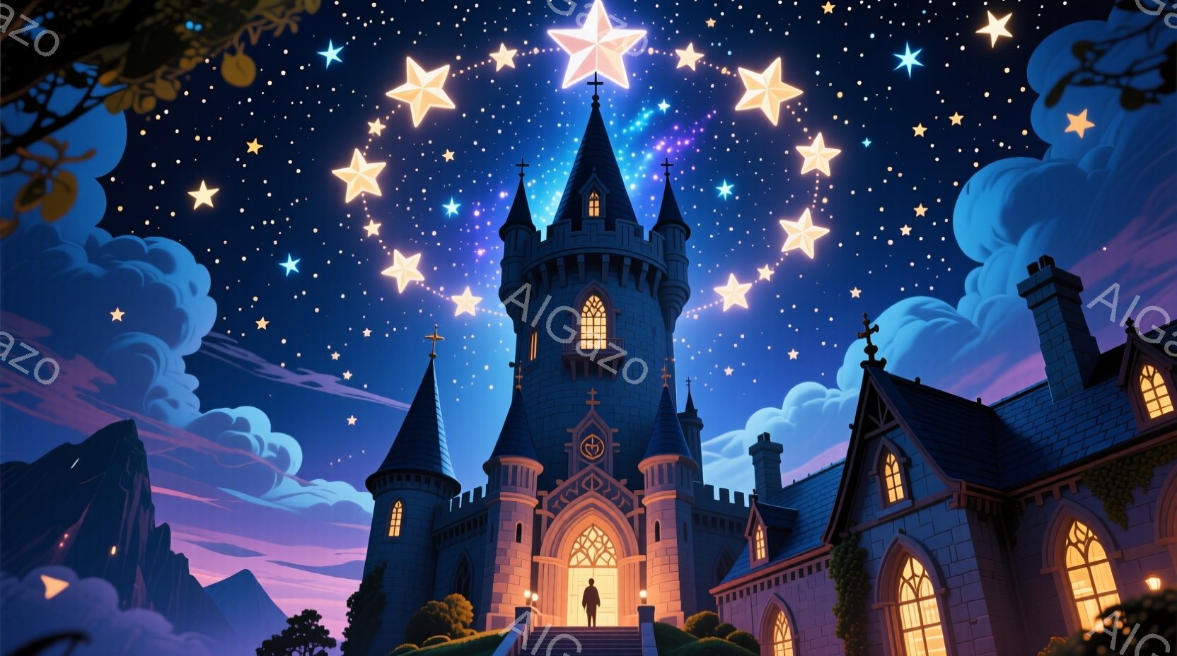 深い藍色と紫色の空の下、壮大なゴシック様式の城がそびえ立っています。城の前には、黒いコートを着た男性が背を向けて立っており、星が輝く夜空を見上げています。周囲には山々が連なり、星空と城の光が幻想的な雰囲気を醸し出しています。