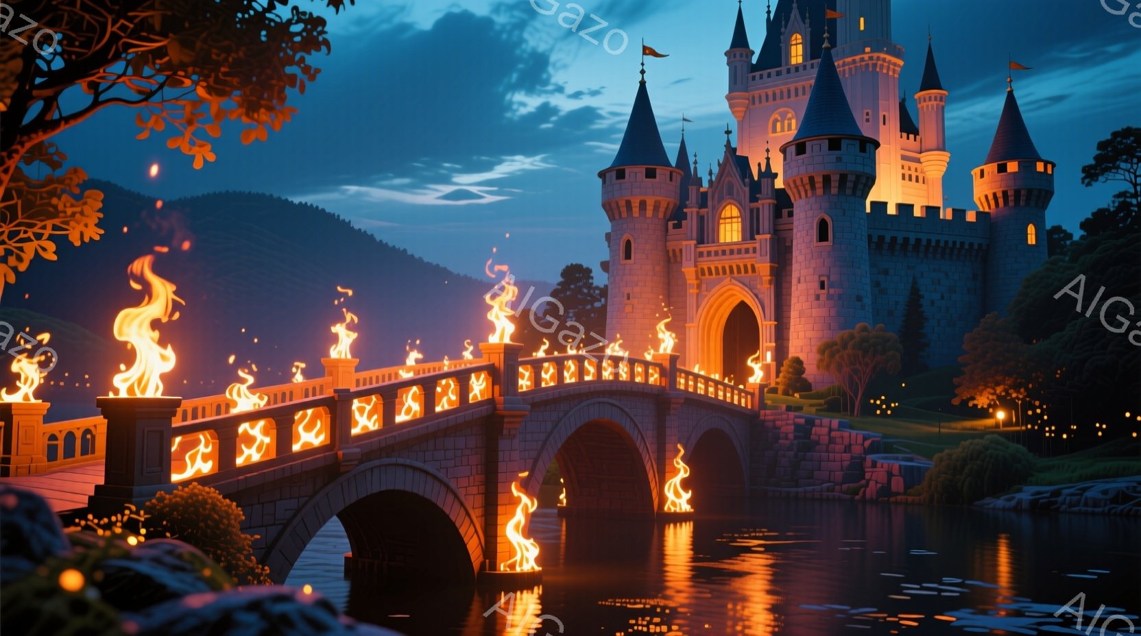 鮮やかな夕焼け空の下、中世風の城が水面に映り込み、壮麗な光景が広がっています。石造りのアーチ橋には炎が灯り、幻想的な雰囲気を醸し出しており、背景には緑豊かな丘陵地帯が広がっています。全体的に、おとぎ話の世界のような、ロマンチックで夢幻的な雰囲気です。