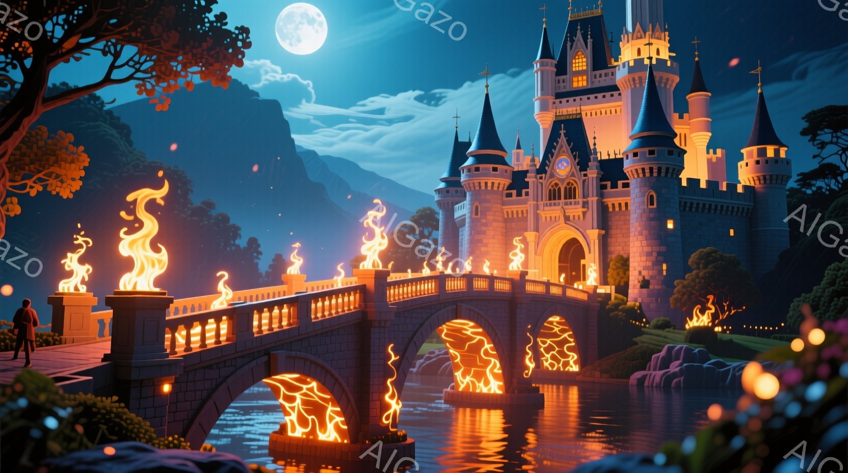美しいお城が水に囲まれた丘の上にそびえ立ち、アーチ橋がその城へと繋がっています。橋と城の周りには、炎が燃え盛る幻想的な装飾が施され、夜空には満月が輝き、周囲の自然は暗闇に包まれ、神秘的な雰囲気を醸し出しています。人物はシルエットで見え、城の美しさを際立たせています。