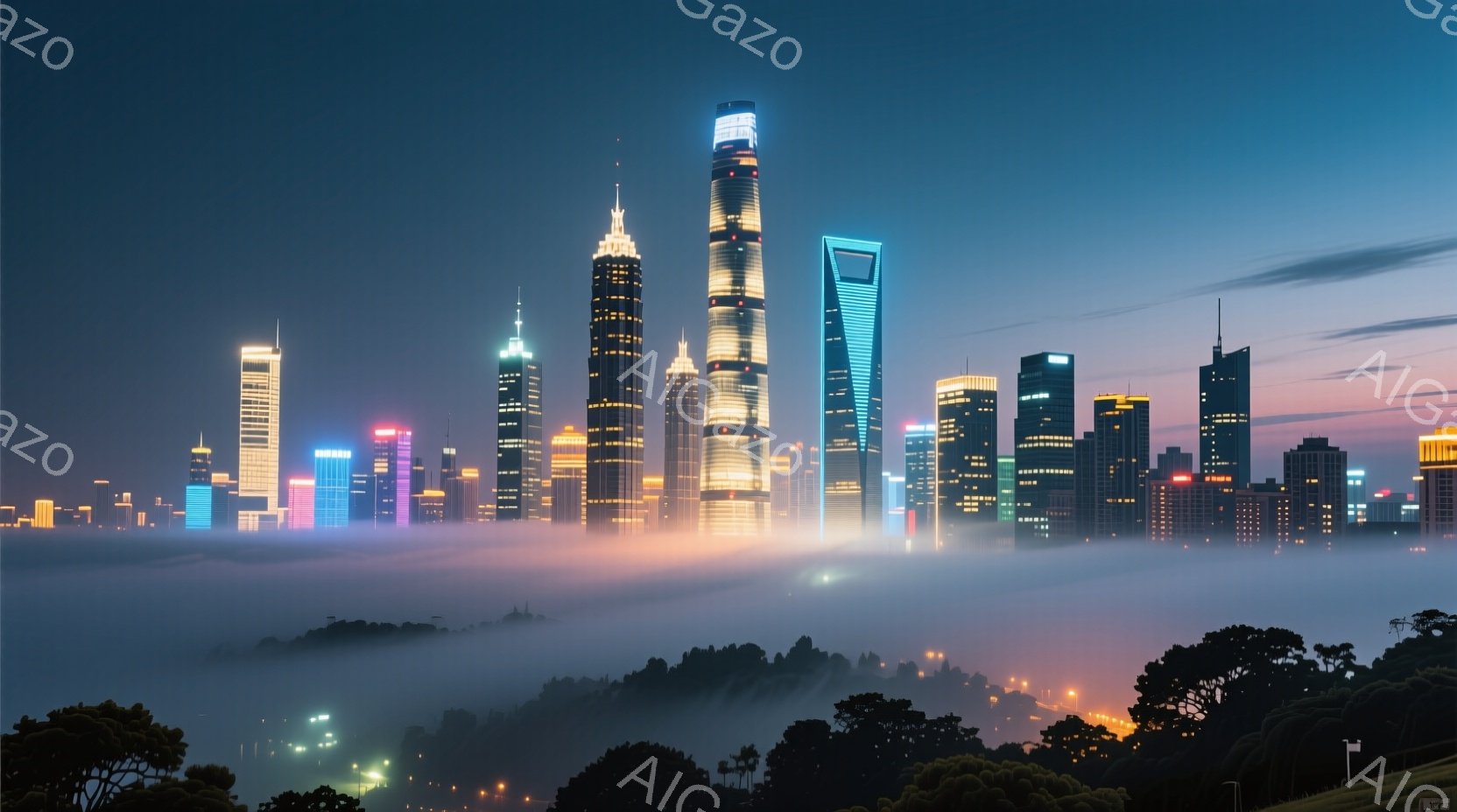 霧が立ち込める夜の上海のスカイラインが印象的な写真です。高層ビル群が光り輝き、まるで雲の上に浮かんでいるように見えます。手前の緑豊かな木々とのコントラストが美しく、幻想的な雰囲気を醸し出しています。