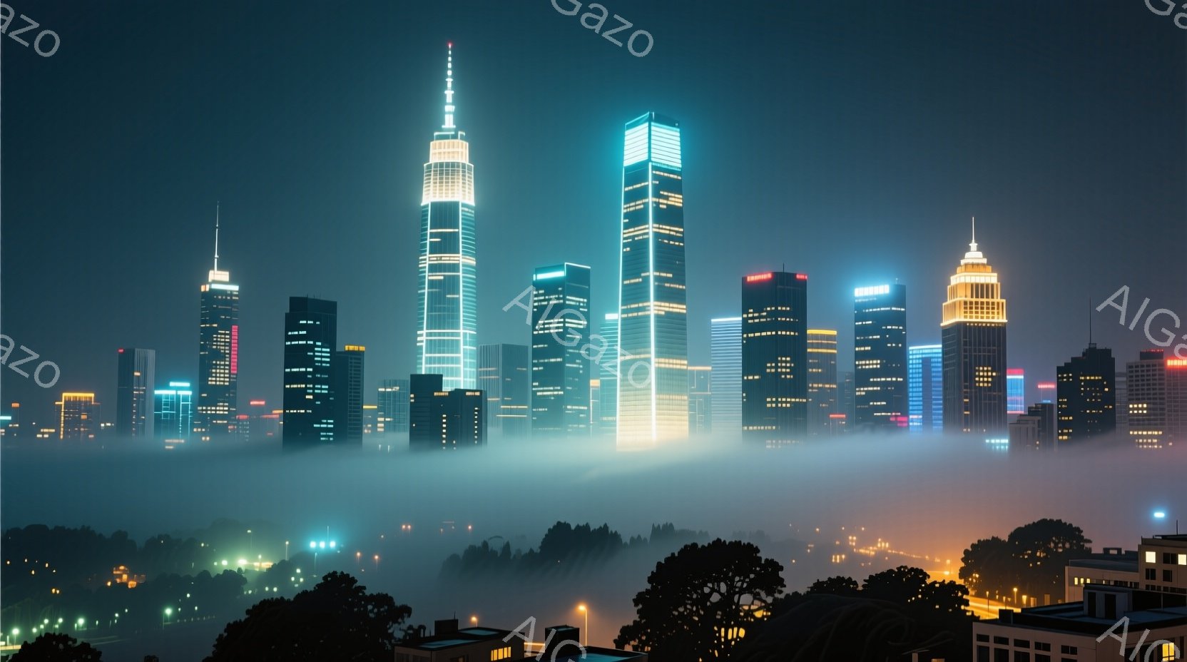 霧に包まれた都市の夜景が広がり、高層ビル群が幻想的な光を放っている。特に最も高い建物は青白い光で照らされ、周囲の建物と鮮やかなコントラストをなしている。下部には木々が見え、都市と自然が混ざり合った独特の雰囲気を醸し出している。