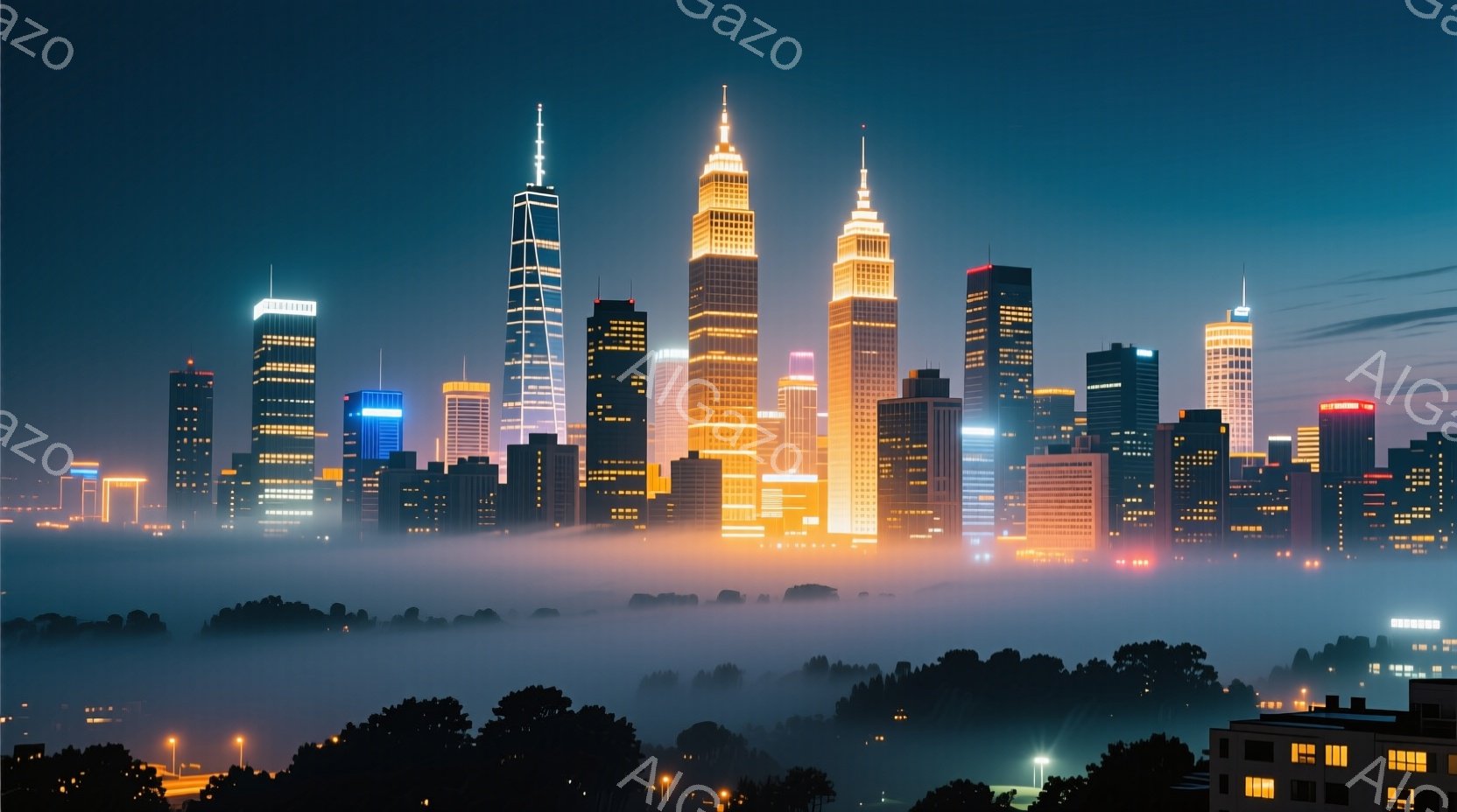 夜明け前の薄暗い空を背景に、高層ビル群が光り輝いている。霧が谷間を覆い、まるで雲海のように見える中で、ビルの明かりが幻想的な雰囲気を醸し出している。下部には暗いシルエットの樹木が見え、都市と自然のコン - AI生成フリー素材