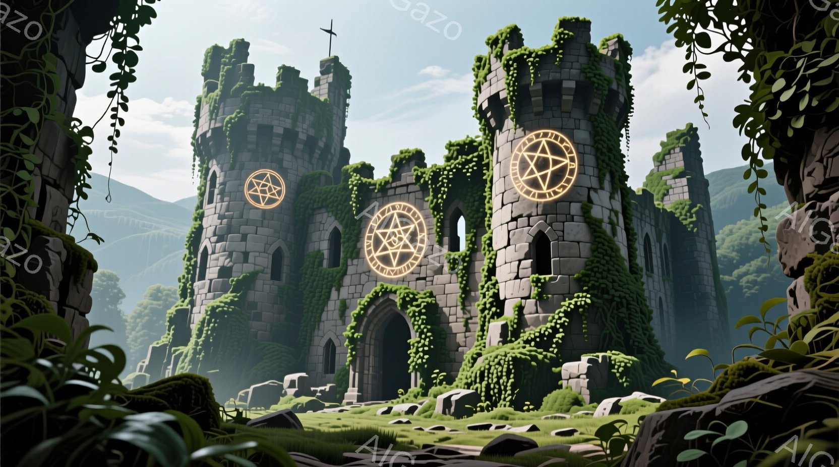 古代の石造りの建造物が、緑豊かな丘陵地帯にそびえ立っている。建物は時間と自然の力によって風化し、蔦が壁面を覆っている。背景には、霧のかかった山々と、穏やかな天候が広がり、神秘的で静謐な雰囲気を醸し出している。