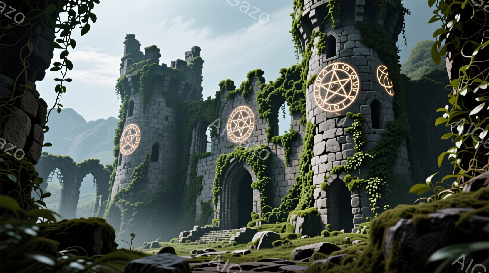 古代の石造りのアーチと塔が、緑豊かな植物に覆われて建ち並び、神秘的な雰囲気を醸し出しています。各塔には光る円形の紋様が刻まれ、苔むした石段がそれらに続いています。背景には霧のかかった山々が広がり、全体的に静寂と忘れ去られた過去の雰囲気が漂っています。