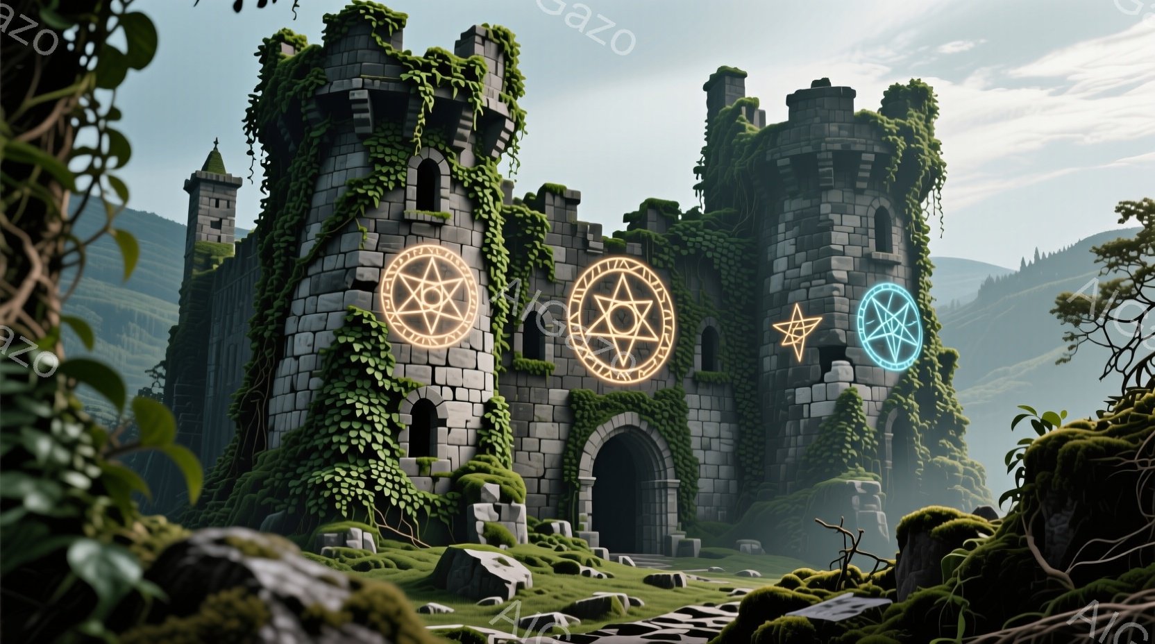 緑に覆われた石造りの城門が、霧深い山々の背景にそびえ立っている。城門の上部には、オレンジ色の光を放つ神秘的な紋様が3つ描かれており、苔むした石壁とのコントラストが印象的だ。周囲には崩れかけた石積みや緑豊かな植物が広がり、古代の神秘的な雰囲気を醸し出している。
