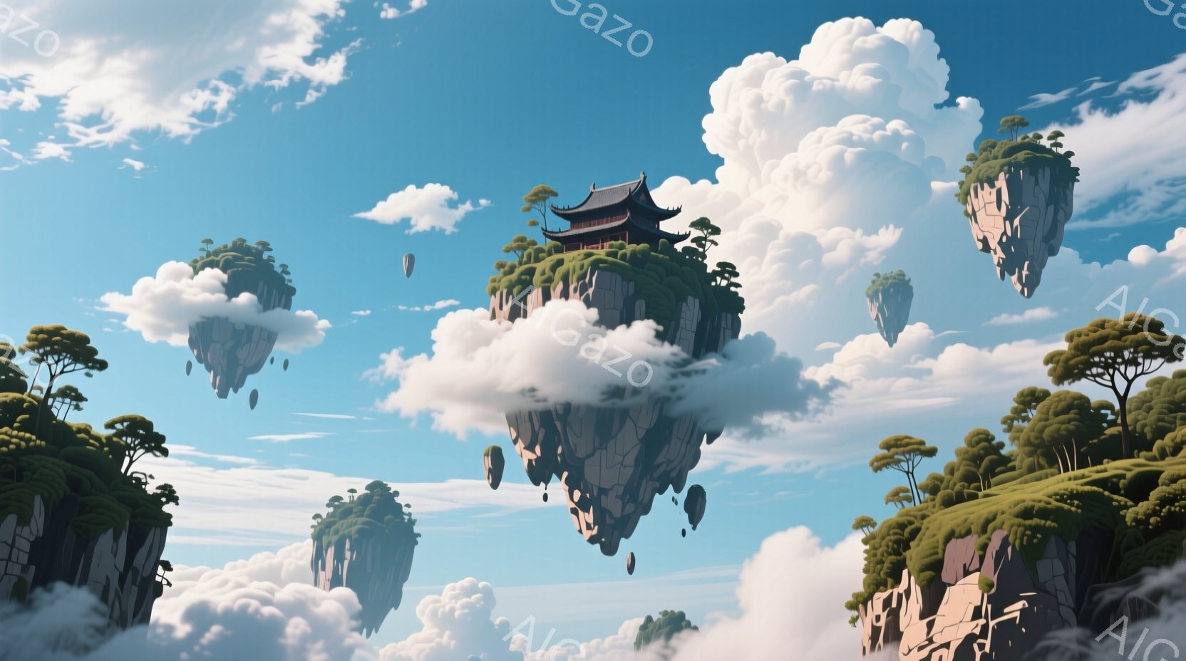 浮遊する岩山が多数描かれており、それぞれの島には緑豊かな植物が生い茂っています。ある島には、伝統的な中国様式の建物が建っており、鮮やかな青空と白い雲が背景に広がっています。全体的に穏やかで幻想的な雰囲 - AI生成フリー素材