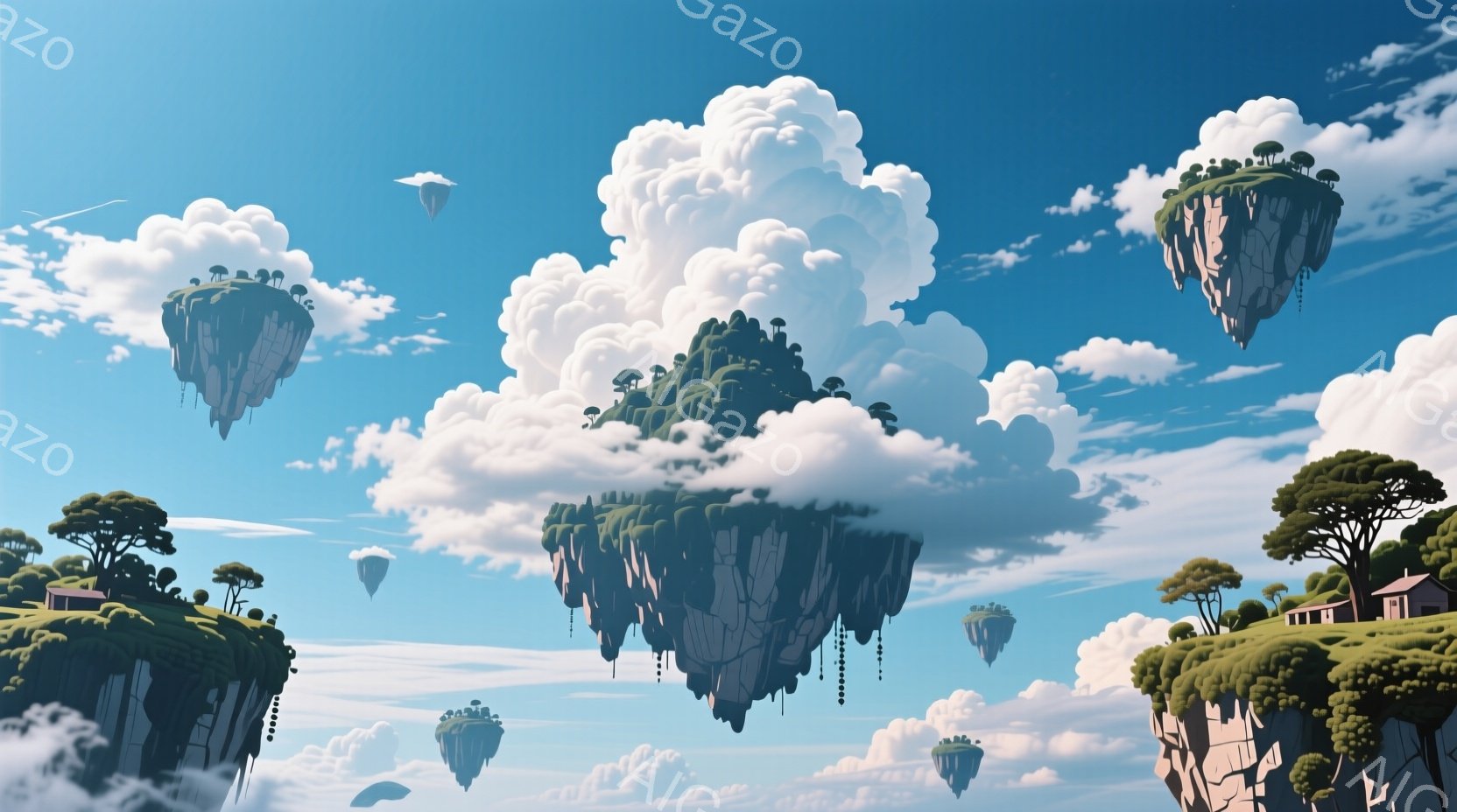 浮遊する島々が雲の上に点在し、緑豊かな地形と木々が特徴的です。それぞれの島には小さな建物が見られ、静かで穏やかな雰囲気を醸し出しています。背景は澄み切った青空で、幻想的で平和な世界観を描いています。 - AI生成フリー素材