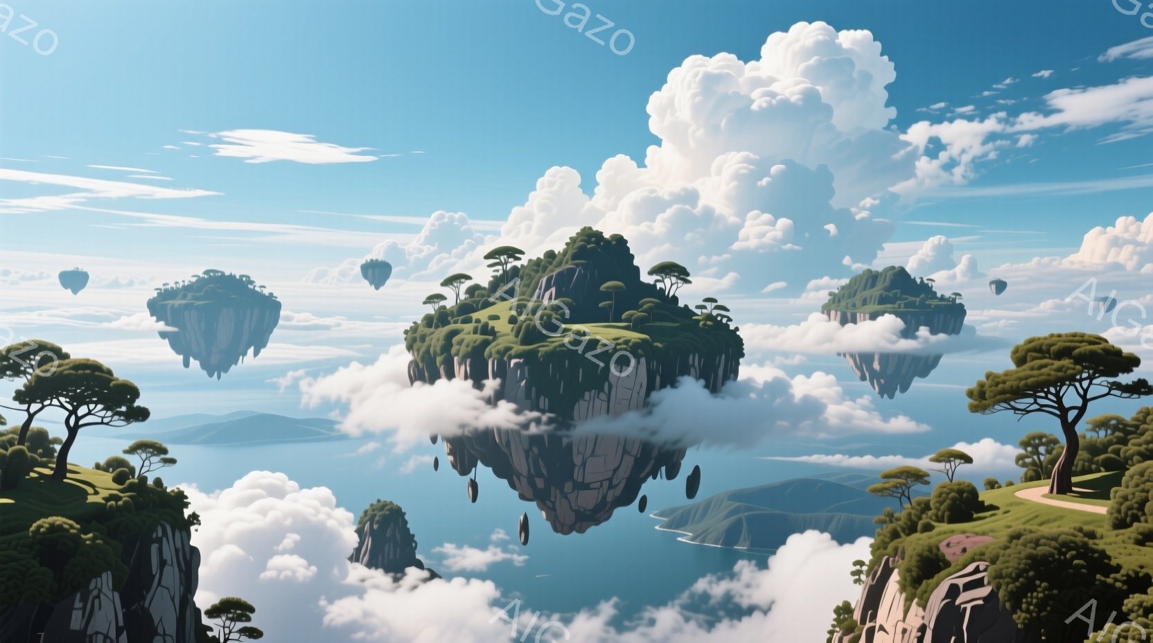 浮遊する岩の島々が雲海の中に点在し、緑豊かな植生に覆われています。 遠くには山々が霞んで見え、空は晴れ渡っています。 全体的に穏やかで幻想的な雰囲気が漂い、まるで空に浮かぶ楽園のような光景です。