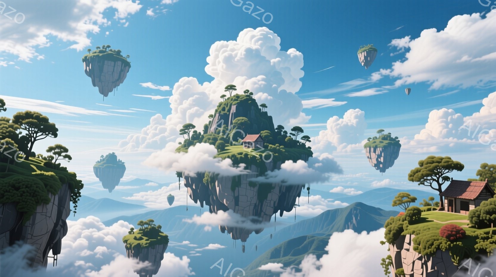 空中に浮かぶ緑豊かな島々が印象的な光景です。それぞれの島には木々が生い茂り、小さな家屋が点在しており、まるで天空の村のようです。背景には霞んだ山々が広がり、ふわふわとした白い雲が空を埋め尽くし、穏やか - AI生成フリー素材