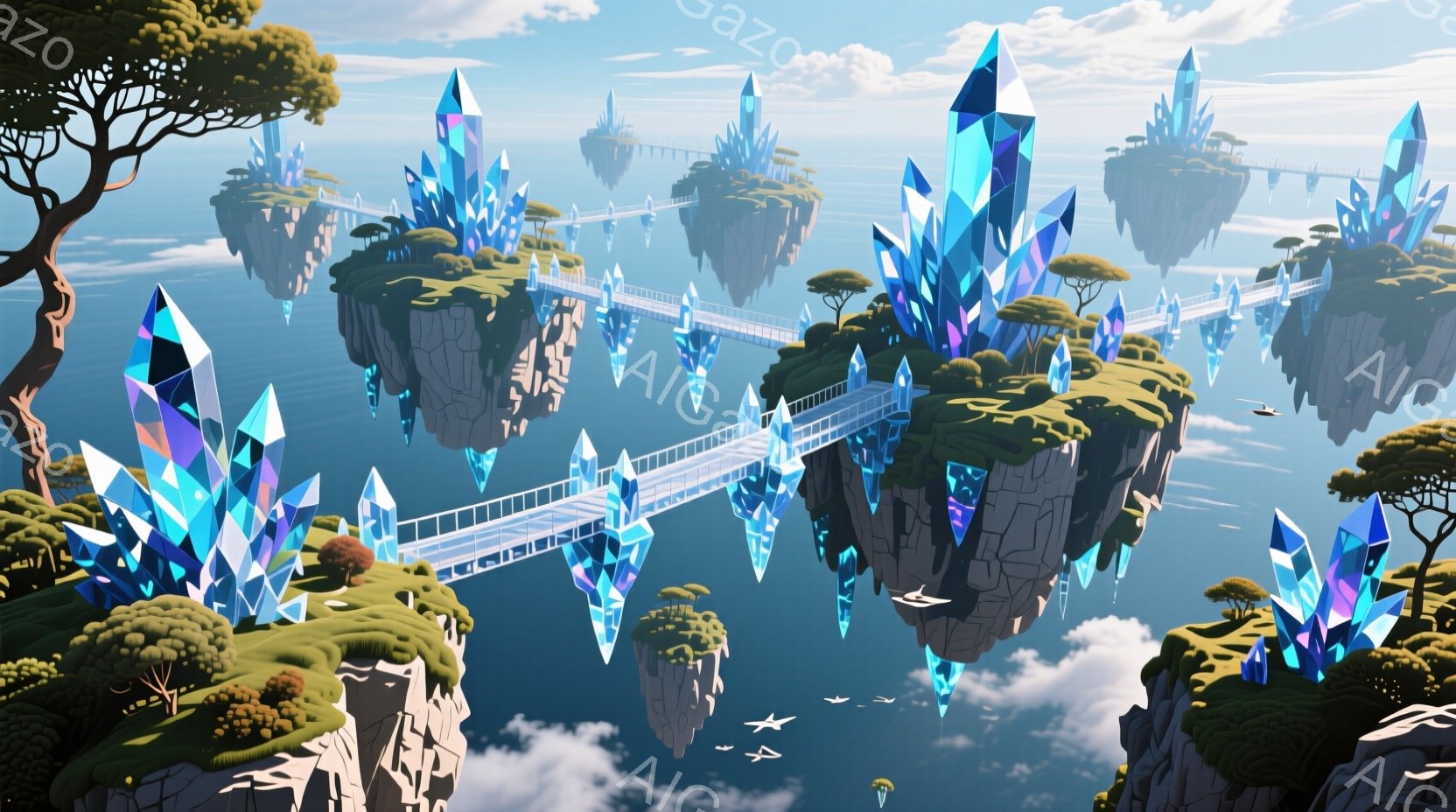 浮遊する島々が青い空と海の上に点在し、それぞれに巨大な水晶が聳え立っている。島々は白い橋で結ばれており、遠くには小さなパラグライダーが数機飛んでいる。全体的に幻想的で平和な雰囲気で、鮮やかな色彩が印象的である。