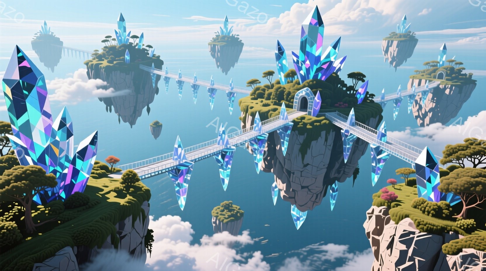 浮遊する島々が連なり、それぞれの島には巨大なクリスタルがそびえ立っています。白いアーチ状の橋が島々を結び、ファンタジー世界の壮大な景色を作り出しています。背景には雲海が広がり、穏やかで神秘的な雰囲気を醸し出しています。