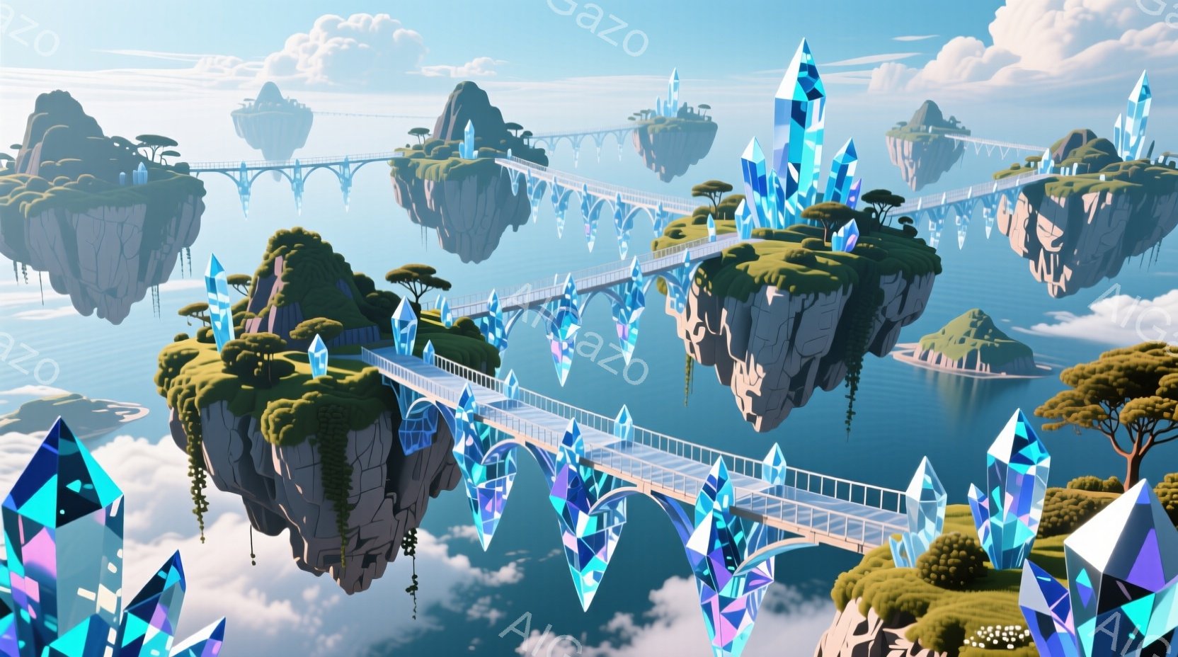 空中に浮かぶ島々が連なり、それらを繋ぐように白く輝く橋が架かっている幻想的な風景だ。各島には緑豊かな植生と、巨大な水色の結晶がそびえ立ち、澄んだ青い空と雲海が広がる。全体的に穏やかで神秘的な雰囲気が漂 - AI生成フリー素材