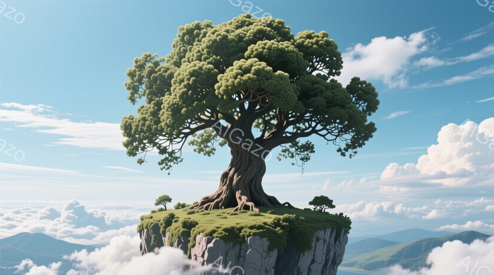 空中に浮かぶ島の上に、巨大でねじれた根を持つ一本の木が生えている。木は緑豊かな葉で覆われ、その根元には小さな木々が点在し、人物が横たわってリラックスしている様子が見える。背景には、雲海と遠くに見える山々が広がり、穏やかで幻想的な雰囲気を醸し出している。