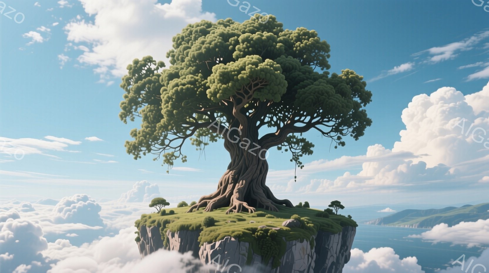 空中に浮かぶ緑豊かな島に、巨大な古木がそびえ立っている。根は島全体に広がり、緑の草と小さな木々が生い茂っている。背景には、青い海と遠くに見える山々が広がり、白い雲が空を覆っている。