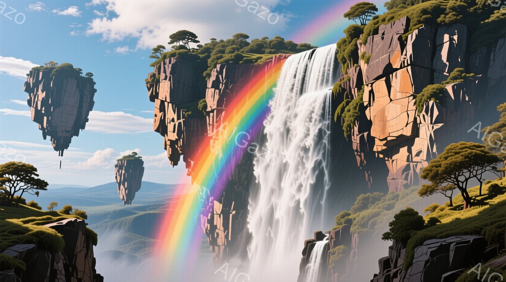 巨大な滝が浮遊する岩山から流れ落ち、鮮やかな虹がかかっています。周囲には緑豊かな木々が生い茂り、霧深い峡谷が広がっており、幻想的で壮大な自然の風景が広がっています。空は晴れ、穏やかな光が降り注ぎ、平和で神秘的な雰囲気を醸し出しています。