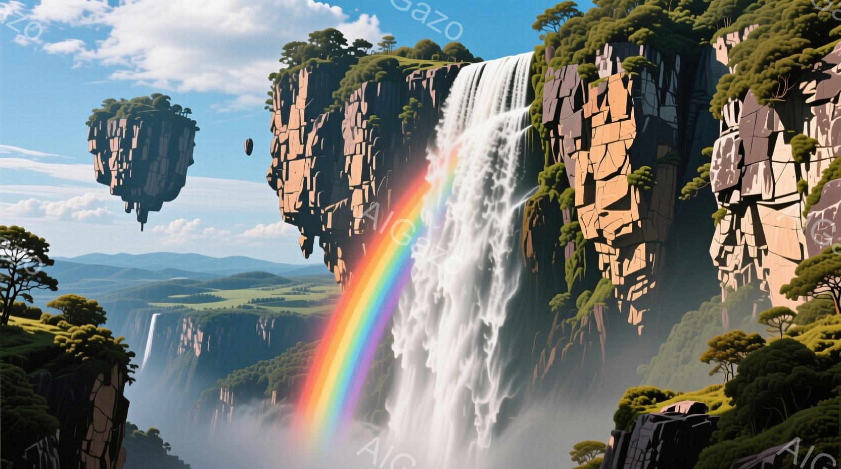 巨大な滝が、浮遊する島々から流れ落ち、緑豊かな低地へと広がっている。虹が滝の飛沫の中に架かり、幻想的な風景を作り出している。背景には、緑の丘陵地帯と、かすかに見える建物が広がり、自然と人工が調和した壮大な世界観を表現している。
