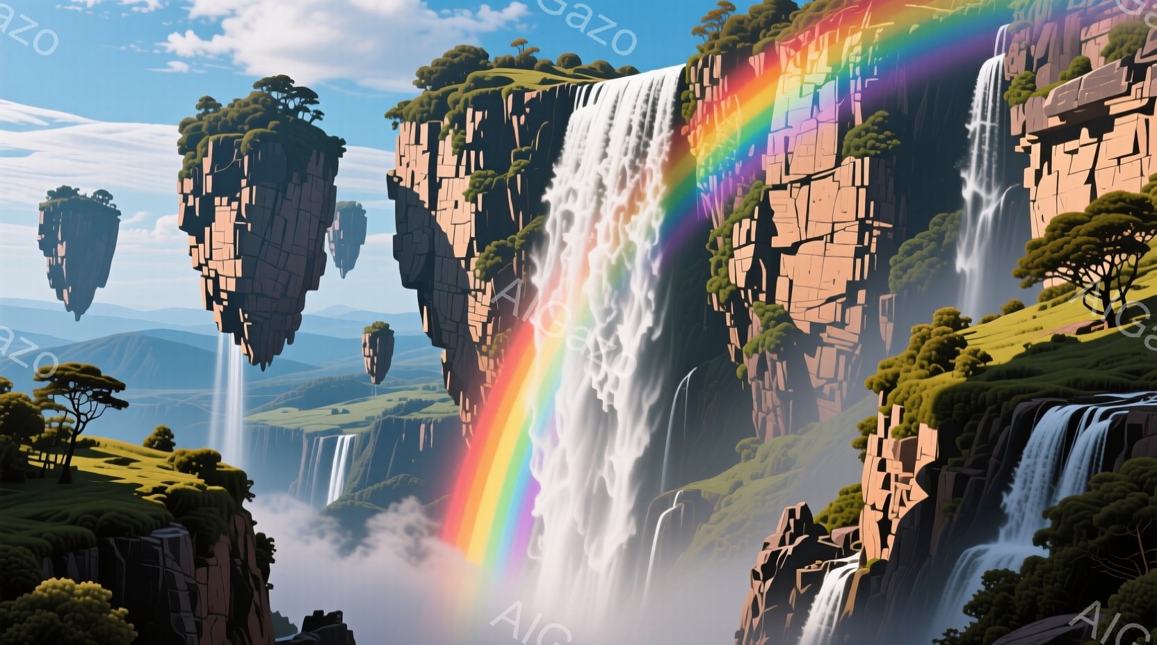 巨大な浮遊岩山が連なり、そこから力強く流れ落ちる無数の滝が印象的な光景です。滝の飛沫によって美しい虹がかかり、幻想的な雰囲気を醸し出しています。緑豊かな植生が岩山を覆い、空には雲が浮かび、壮大で神秘的な自然の風景を描写しています。