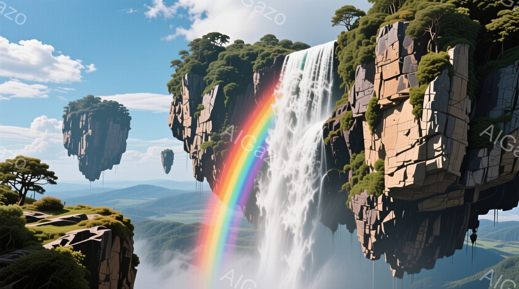 空中に浮かぶ巨大な岩の塊から、壮大な滝が流れ落ちています。岩の塊には緑豊かな植生が生い茂り、遠くには山々が連なり、青空に虹がかかっています。全体的に幻想的で、どこか神秘的な雰囲気が漂っています。