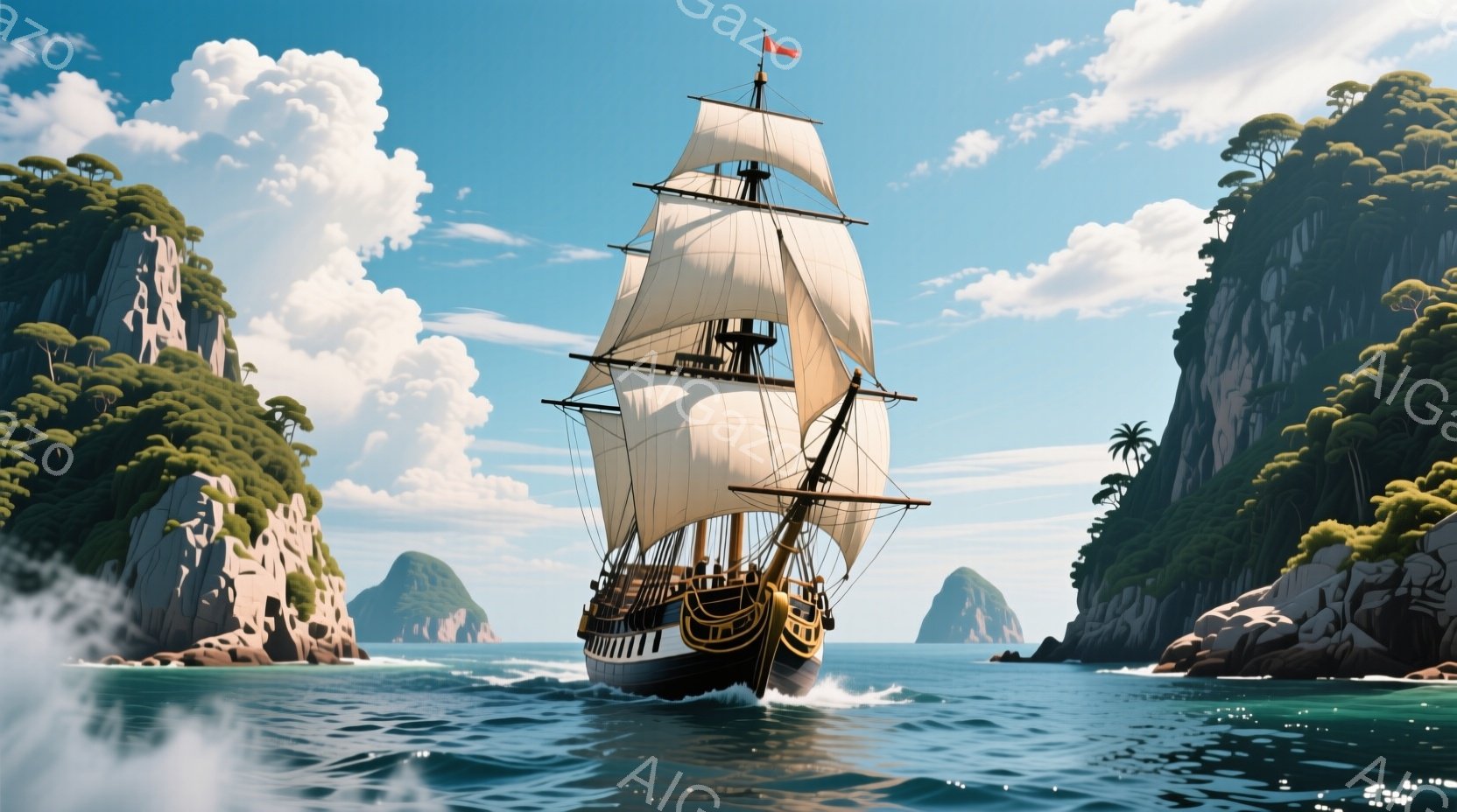 古代様式の帆船が、青い海を力強く進んでいる様子が描かれている。船体は黒と金色の装飾が施され、白い帆は高く掲げられている。背景には、緑豊かな山々と岩石の断崖がそびえ立ち、穏やかな晴天の下、冒険心とロマンティックな雰囲気が漂っている。