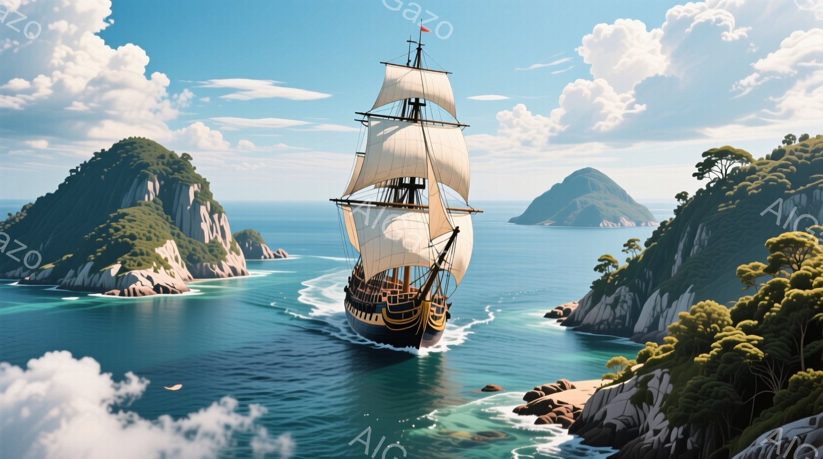 紺碧の海を、黒と金色の豪華な帆船が堂々と航行している。船は複数の帆を広げ、波しぶきを上げながら、緑豊かな山々に囲まれた狭い海峡を進んでいる。晴れた空と穏やかな海は、冒険とロマンチックな雰囲気を醸し出している。