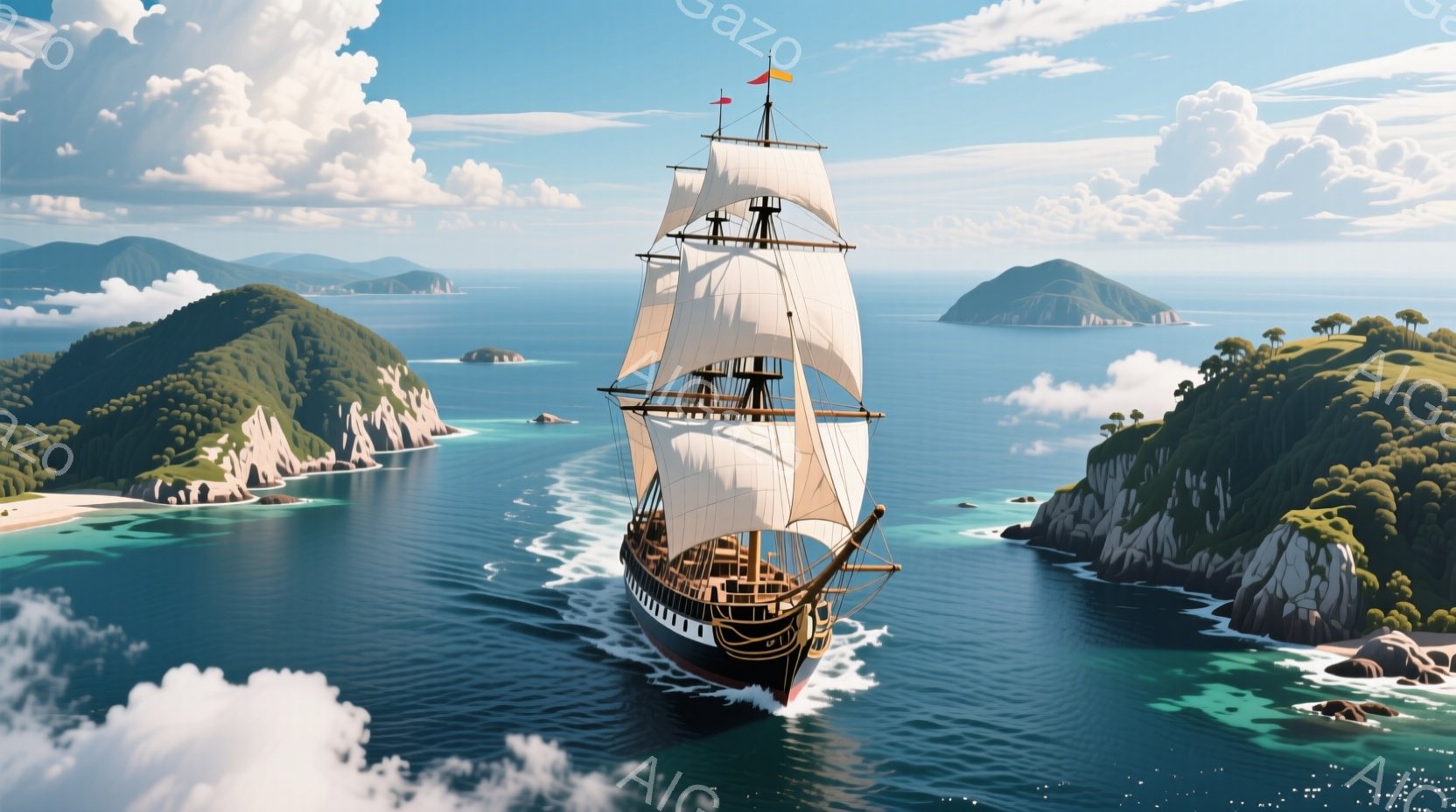 紺碧の海を航行する、黒と白のコントラストが美しい帆船が印象的です。船首には鮮やかな赤い旗が掲げられ、白い帆を広げ、波しぶきを上げながら進んでいます。背景には緑豊かな島々が連なり、青い空と白い雲が広がり、冒険と自由を想起させる壮大な雰囲気です。