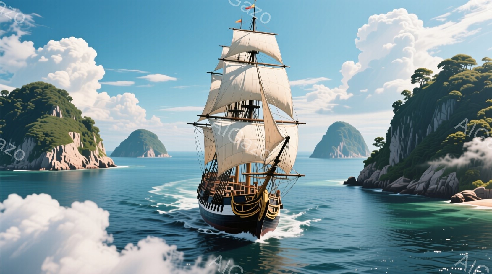 帆船がターコイズブルーの海を航行しており、船首には赤い旗が翻っています。背景には緑豊かな山々と白い砂浜があり、澄んだ青空と白い雲が広がり、穏やかで冒険的な雰囲気を醸し出しています。船体は黒と金色の装飾が施され、古代の探検や冒険の時代を彷彿とさせます。