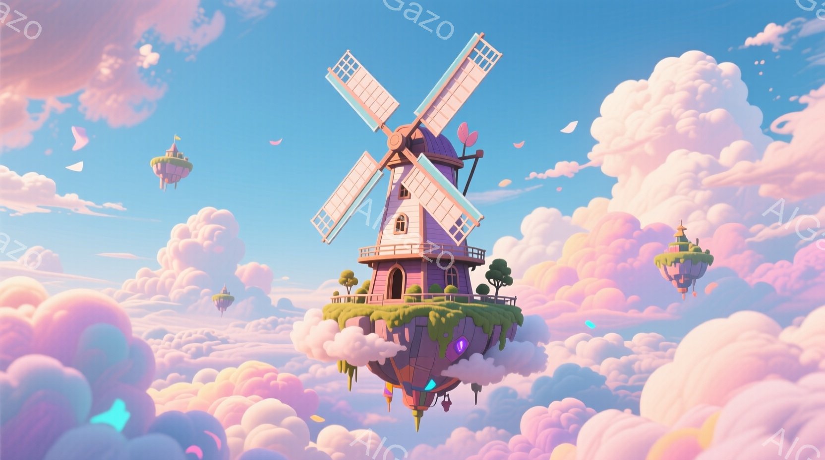 鮮やかなピンクと紫色の雲が広がる空に、可愛らしい風車が浮かぶ島が描かれている。風車は明るい茶色で、紫色の屋根と窓が特徴的で、周囲には小さな木々が生えている。島全体は、夢のような幻想的な雰囲気を醸し出しており、他の小さな島々も雲の中に点在している。