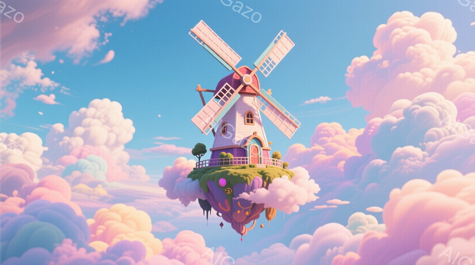 空中に浮かぶ小さな風車が印象的な画像です。ピンクと紫色の柔らかい雲が風車の周りを覆い、緑色の地面には小さな木々が植えられています。全体的に穏やかで夢幻的な雰囲気が漂い、まるで童話の世界のようです。