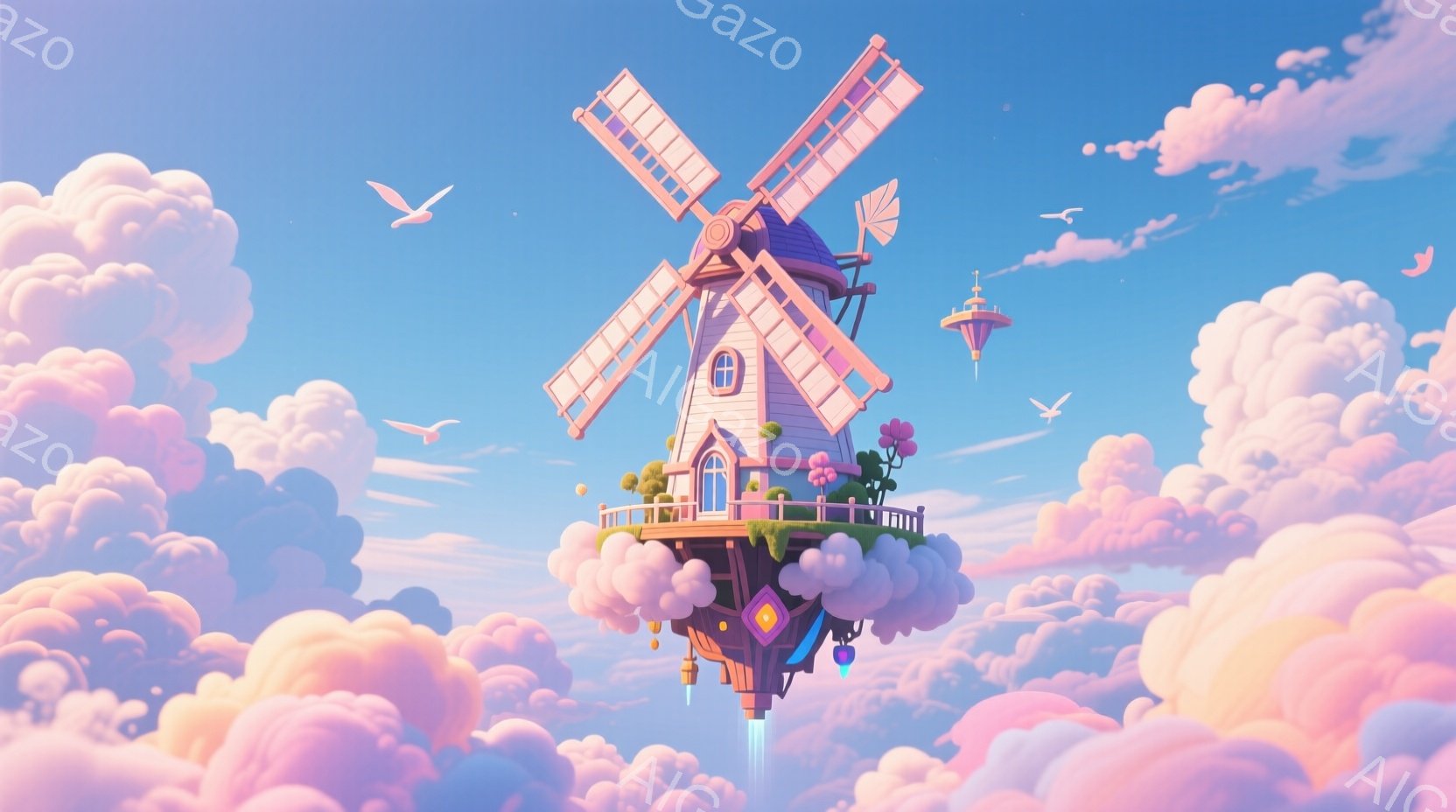 空に浮かぶ風車が印象的な風景です。風車はピンク色で可愛らしく、雲の上に建てられた小さな島にあります。背景は柔らかいピンクと白の雲で覆われ、空には鳥が飛び交い、全体的に夢のような、穏やかな雰囲気を醸し出しています。