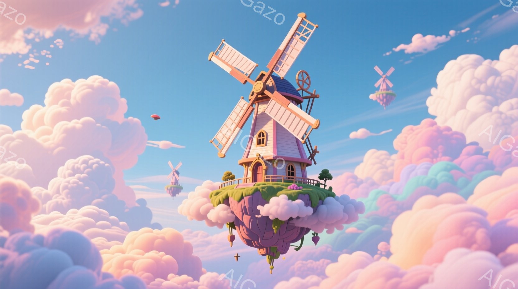 柔らかいピンクと紫色の雲が広がる空に、可愛らしい風車が浮かぶ島がいくつかあります。風車はピンク色で、小さな窓と屋根が特徴的で、緑の植物が生い茂る雲の島の上に建っています。全体的に夢のような、暖かく穏やかな雰囲気で、空には小さな赤い風船のような物体も浮かんでいます。