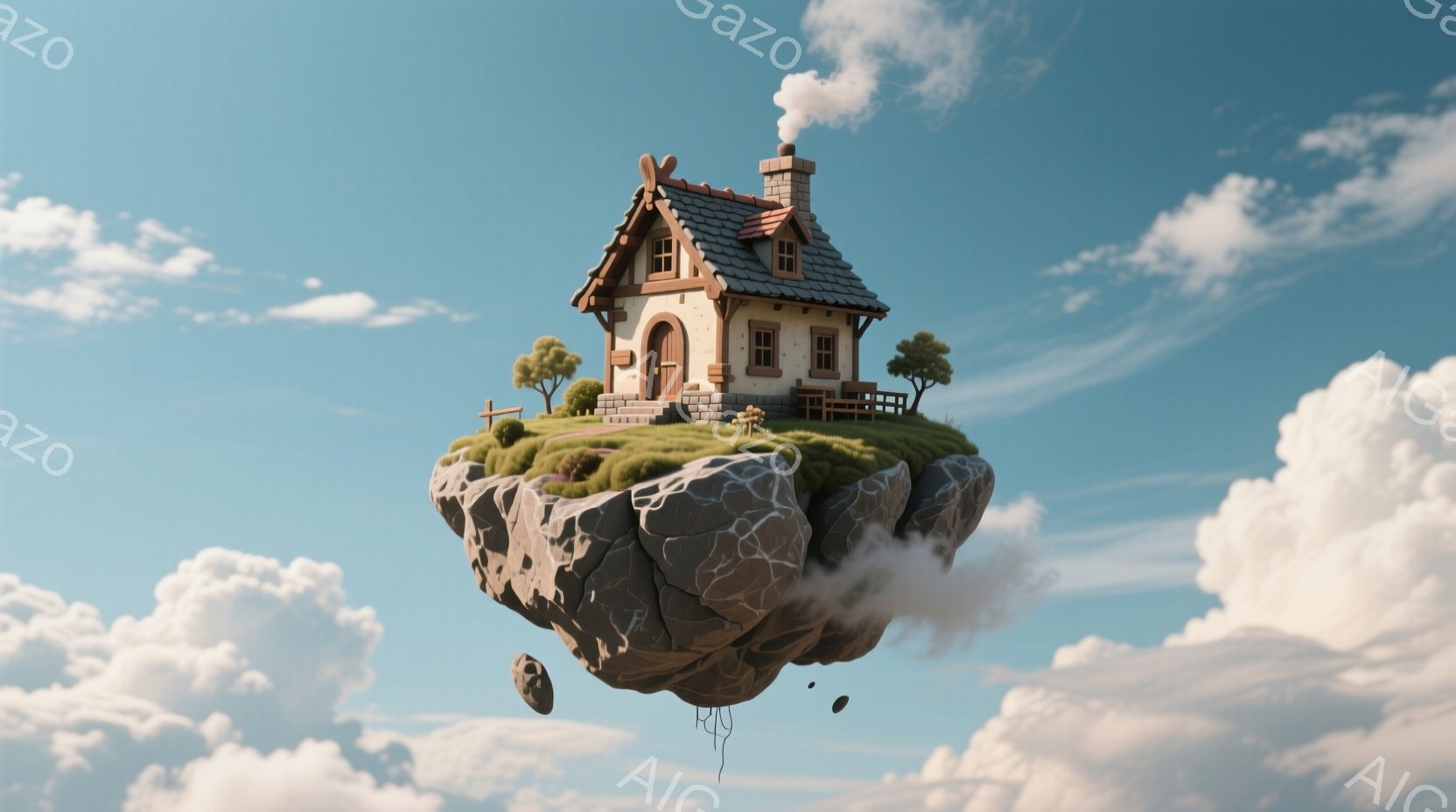 雲の上に浮かぶ、可愛らしい小さな家が描かれています。石と緑の草が生えた浮遊島の上に建ち、煙突からは穏やかに煙が上がっています。青空と白い雲が広がり、幻想的で平和な雰囲気を醸し出しています。