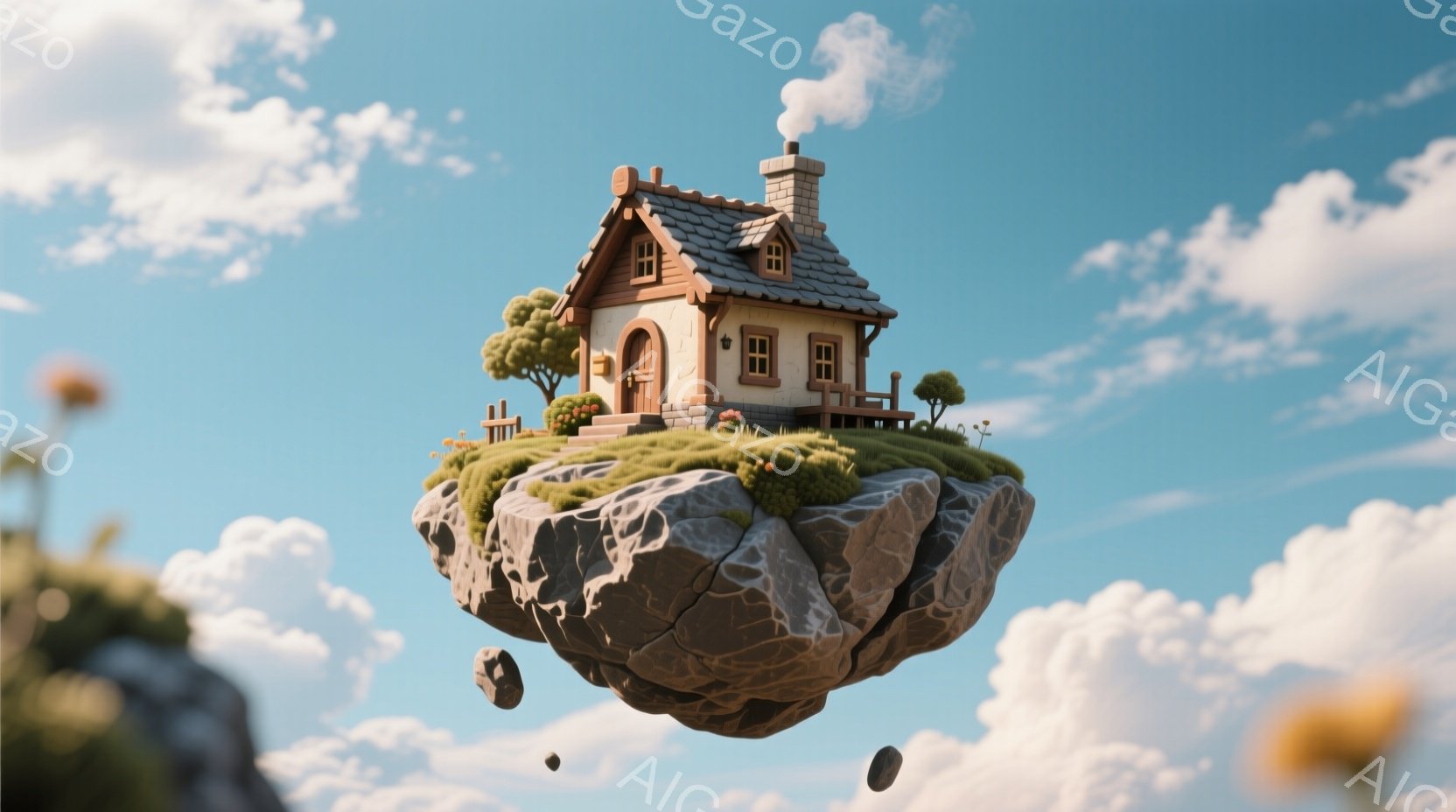浮遊する岩の上に、趣のある可愛らしい家が建っています。緑の芝生と小さな木々が家を取り囲み、煙突からは穏やかな煙が上がっています。青い空と白い雲が背景に広がり、幻想的で平和な雰囲気を醸し出しています。