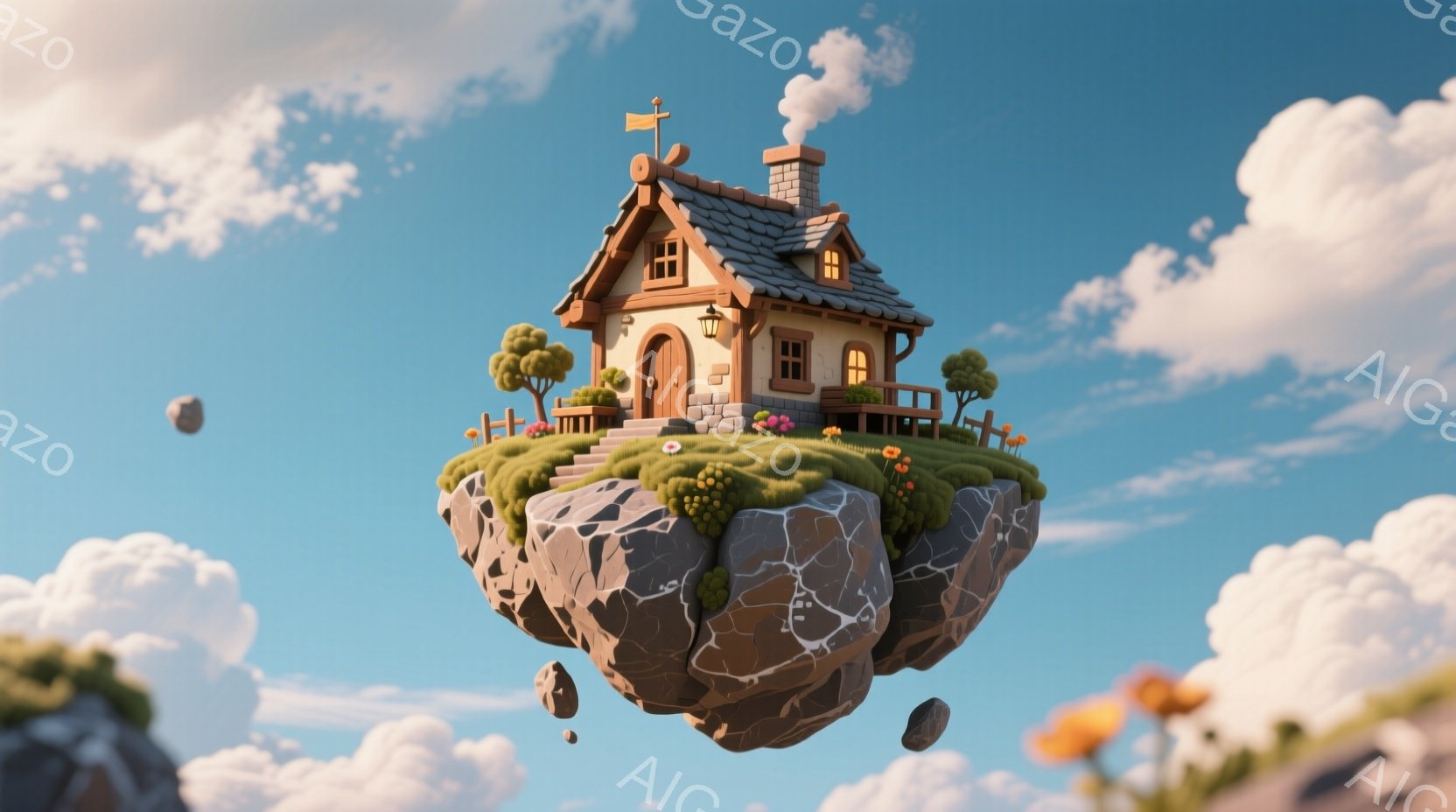 浮遊する岩の上に、可愛らしいコテージが建っています。緑の草とオレンジ色の花が咲き乱れ、青い空と白い雲が背景に広がっています。コテージからは煙が立ち上り、暖かく穏やかな雰囲気が漂っています。
