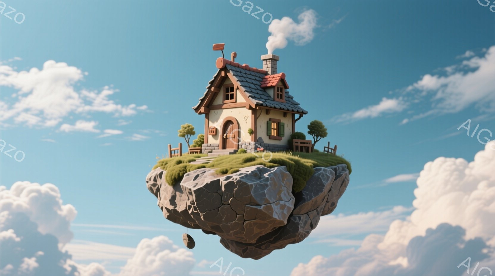 浮遊する岩の上に可愛らしいコテージが建っています。コテージは暖色系のクリーム色を基調とし、赤い屋根がアクセントになっています。背景には青空と白い雲が広がり、穏やかで幻想的な雰囲気を醸し出しています。