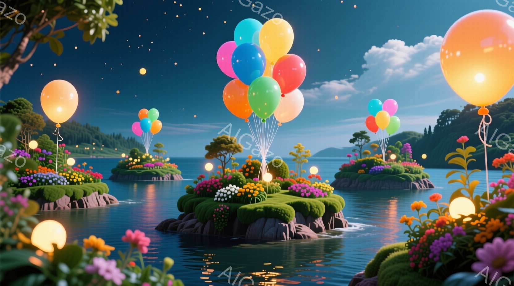 幻想的な湖に浮かぶ小さな島々が連なり、それぞれの島には色とりどりの花々が咲き乱れ、丸い茂みが配置されている。各島から色鮮やかな風船が空に向かって上昇し、湖面にはその光が反射してきらめいている。夜空には星が輝き、穏やかな静寂と喜びにあふれた雰囲気を作り出している。