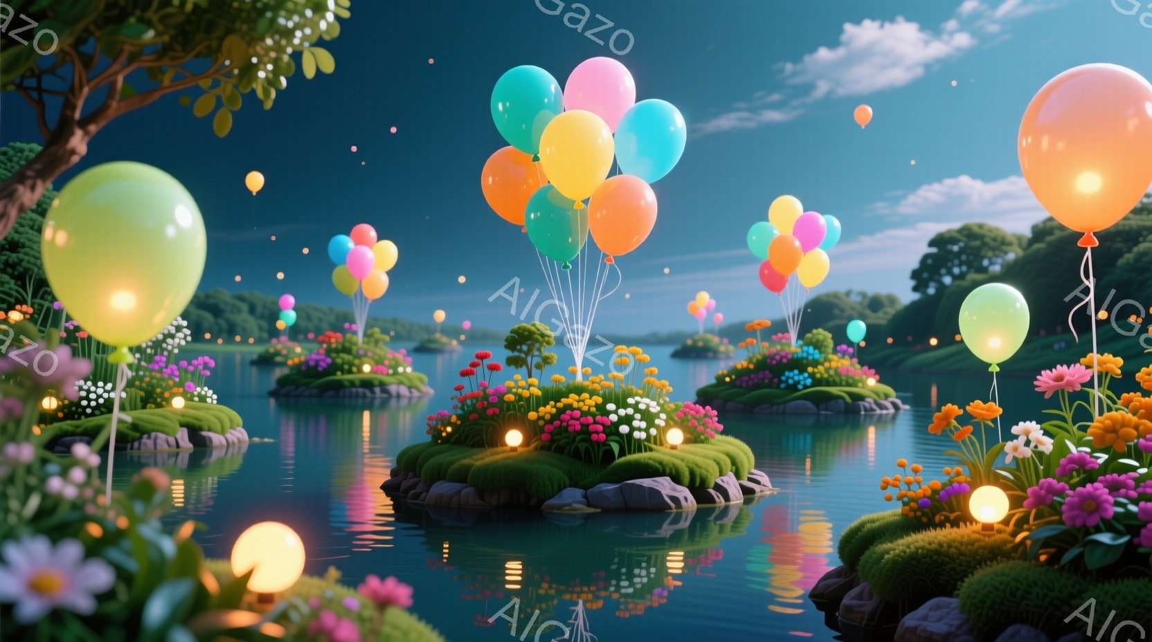 静かな湖面に、小さな緑の島々が浮かび、それぞれの島には色とりどりの花々が咲き乱れている。空には、パステルカラーの風船が浮かび、島々を照らす柔らかな光が水面に反射し幻想的な雰囲気を醸し出している。穏やかな夜空と花々の色彩が、平和で夢幻的な情景を作り出している。