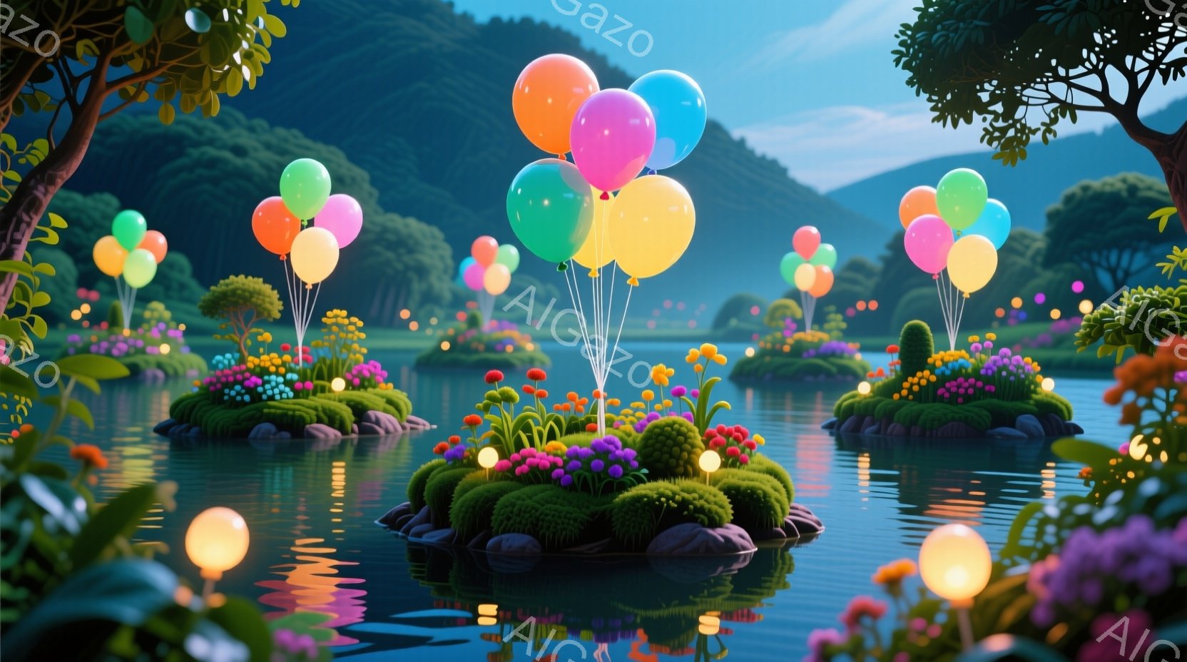 穏やかな湖面に、色とりどりの花々が咲き乱れる小さな島々が点在している。各島には、カラフルな風船が束ねられており、まるで夢のような光景が広がっている。背景には緑豊かな丘陵が広がり、静かで幻想的な雰囲気を醸し出している。