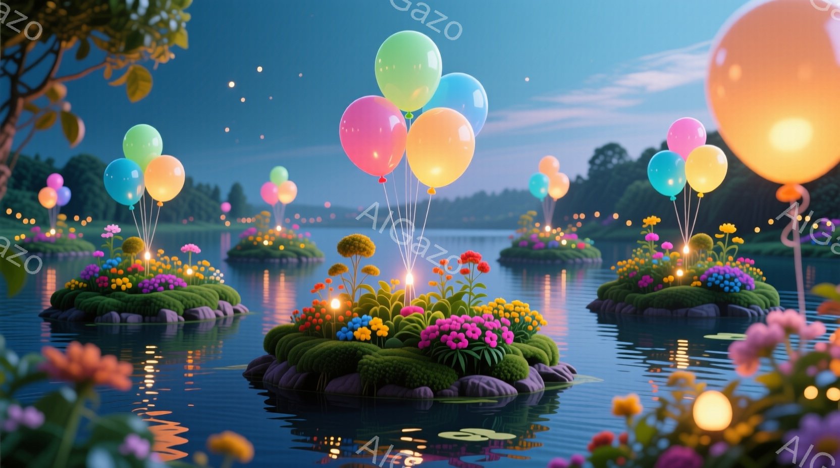 穏やかな水面に、色とりどりの花々が咲き誇る小さな島々が浮かんでいる。各島には風船が結び付けられ、幻想的な光を放ち、水面にはその反射が映り込んでいる。夜空には星が輝き、全体的に夢幻的で平和な雰囲気を醸し出している。
