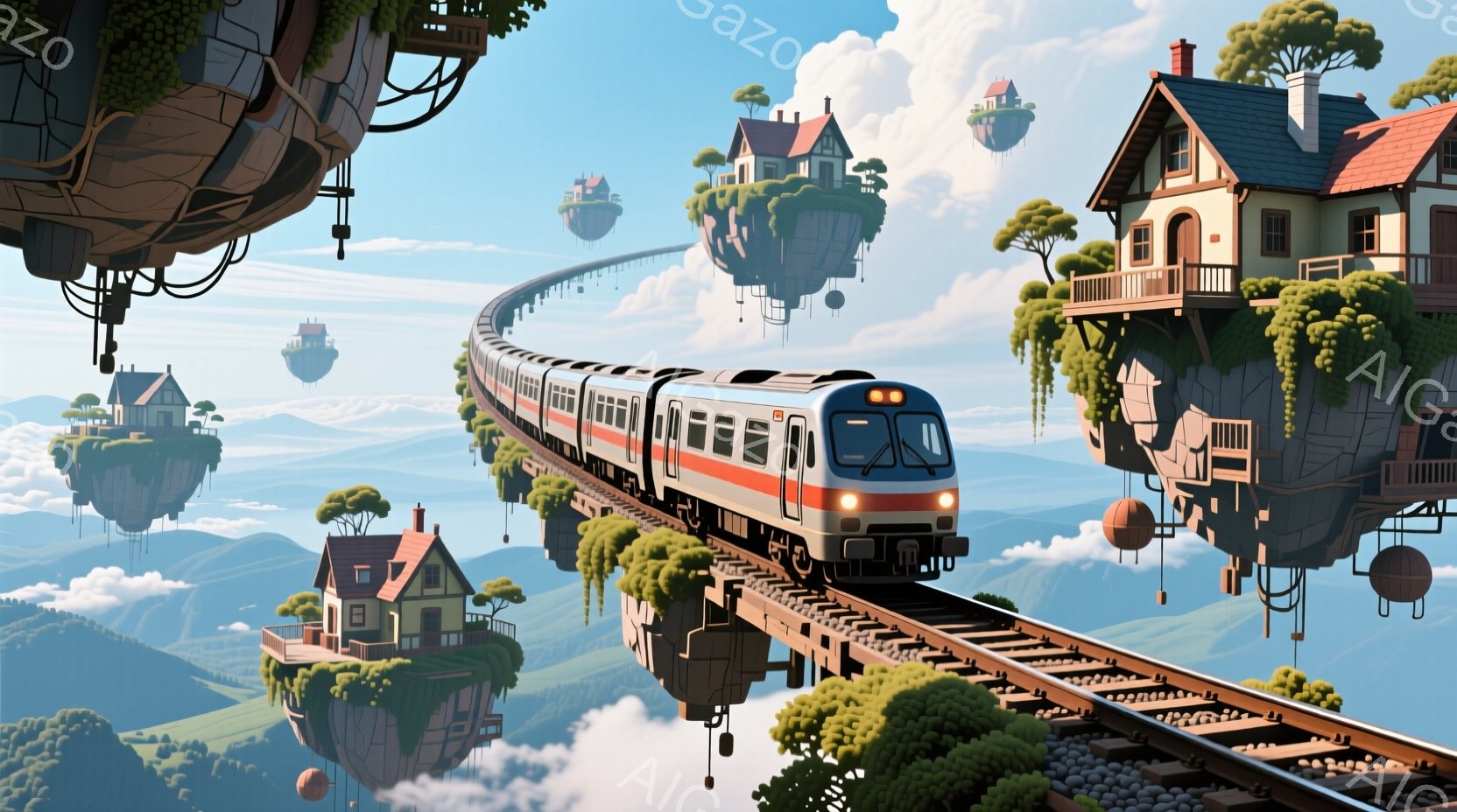 空中に浮かぶ島々の上に線路が伸び、オレンジと白の列車が走行している様子が描かれている。島々は可愛らしい家々や緑豊かな木々で覆われ、まるで空に浮かぶ小さな村のようだ。全体的に穏やかで幻想的な雰囲気が漂い - AI生成フリー素材