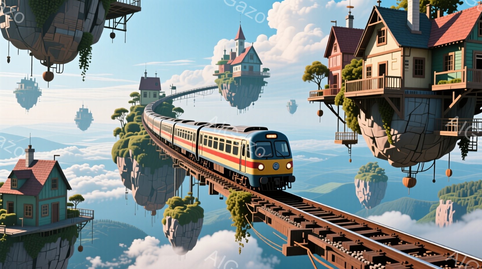 空中に浮かぶ島々の上に線路が敷かれ、黄色と青色の列車が走行している様子が描かれている。各島には可愛らしい家々が建っており、風船のような装飾が施されている。背景には、緑豊かな山々と白い雲が広がり、夢幻的な雰囲気を醸し出している。