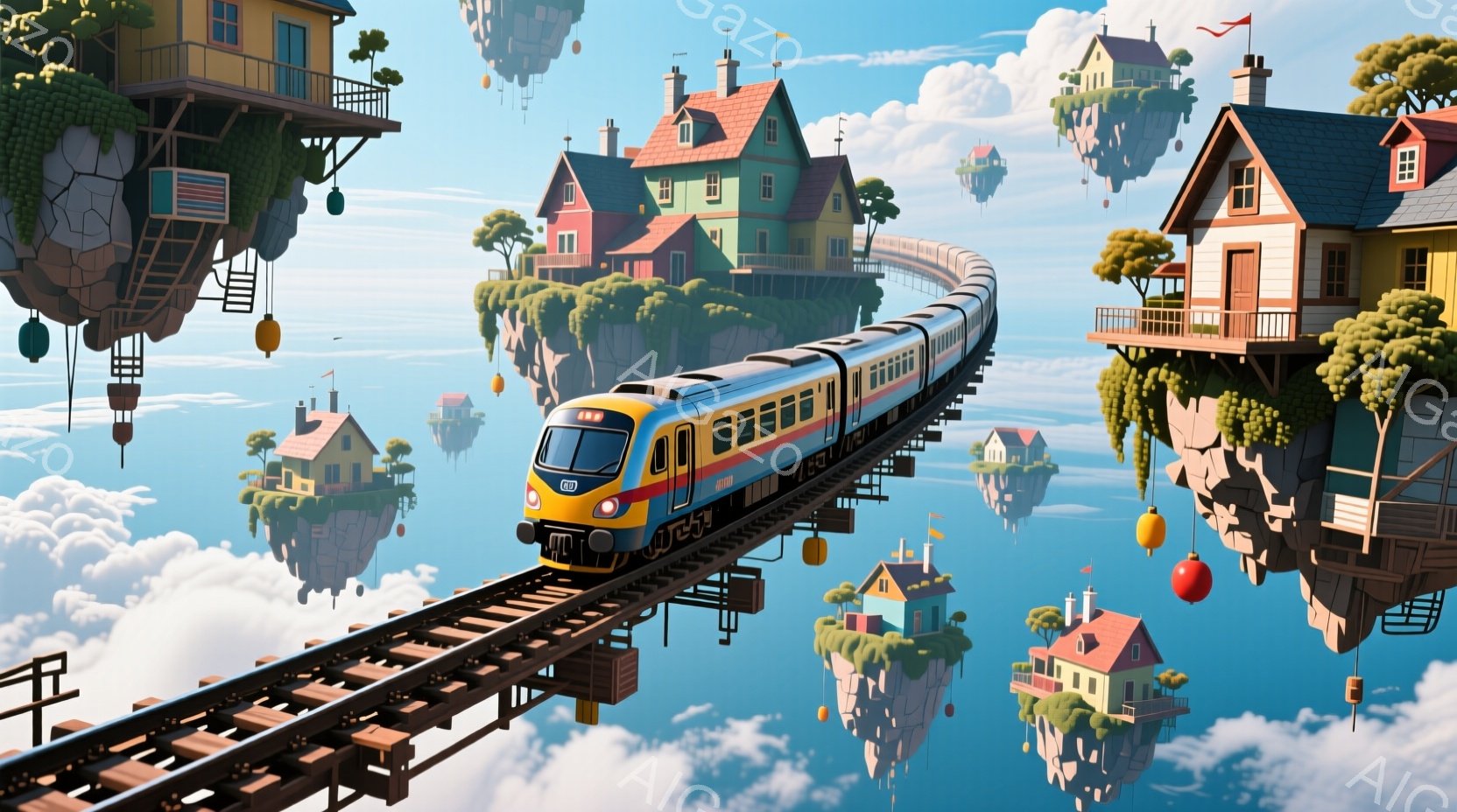 空に浮かぶ島々の上に、青と黄色の列車が走っている様子が描かれている。それぞれの島には、可愛らしい家々が建っており、赤い提灯が飾られている。背景は青空と白い雲で、全体的に幻想的で温かい雰囲気である。