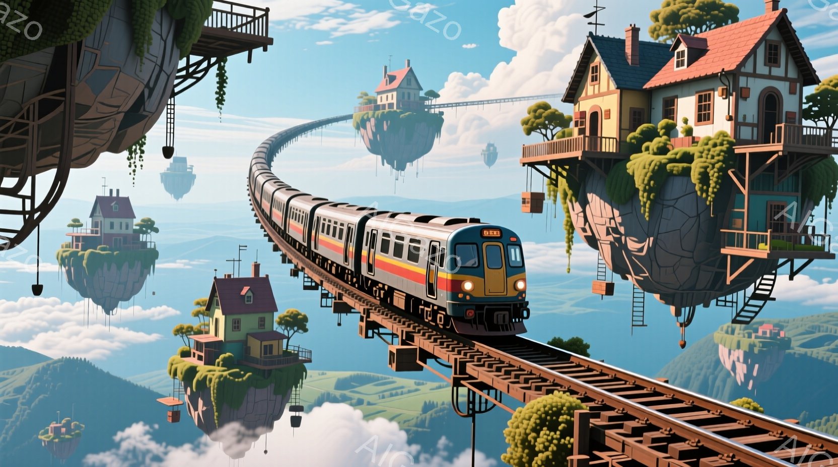 雲海の上に架かる線路を、カラフルな電車が走っている幻想的な風景だ。線路の脇には、まるで浮島のように佇む可愛らしい家々があり、緑豊かな自然と空の青さが印象的だ。全体的に暖かく、夢のような雰囲気が漂ってい - AI生成フリー素材